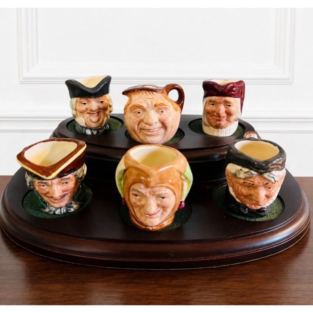 Royal Doulton Miniature Character Toby Jugs Set of 6 with Wooden Display Stand